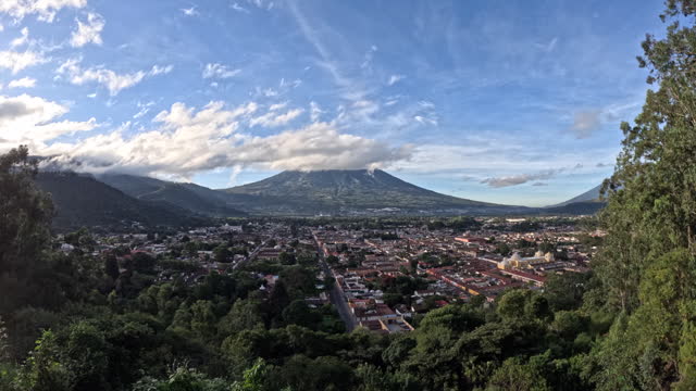 Daybreak over the Agua volcano and the city of Antigua in Guatemala.