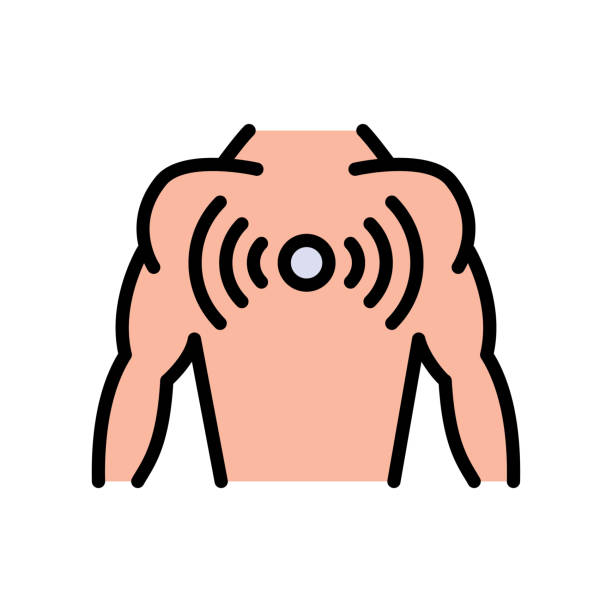 ilustrações, clipart, desenhos animados e ícones de chest pain icon. affecting lungs and heart. poor posture consequence. muscle tightness - inhaling human lung problems anatomy