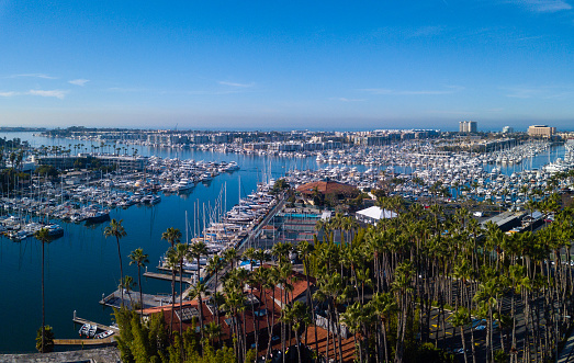 Aerial view of the marina, California Yacht Club, palm trees, sailboats, and Pacific Ocean in Marina Del Rey, California, taken on clear blue day in the winter.