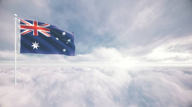 australian flag waving above the clouds, the concept of australia, liberty and patriotism, national flag waving proudly above the clouds, symbolizing freedom, independence day, celebration, freedom, patriotic, power and freedom, - australia australia day celebration flag imagens e fotografias de stock