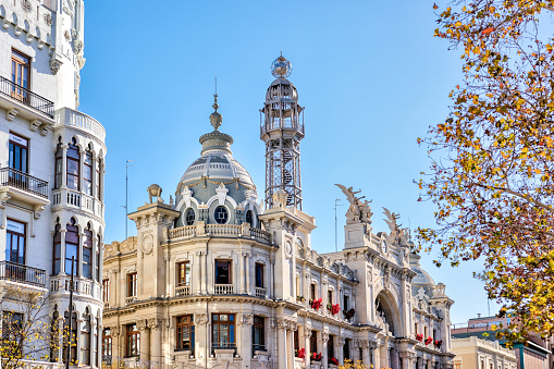 Valencia, Spain - January 1, 2024: Iconic Spanish architecture and sights on the streets of Valencia, Spain