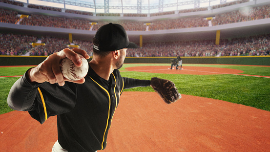 Young man, baseball player during game serving ball, playing on 3D render open air arena, baseball stadium with fans tribune. Concept of professional sport, competition, championship, game