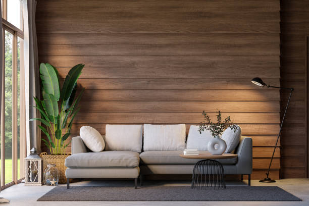 istock Modern contemporary loft style wooden living room with empty plank wall 3d render 1963211472