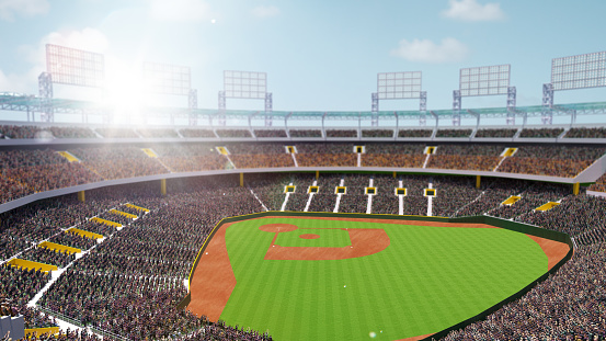 Aerial view of empty baseball arena with fan zone, tribune filled with people, fans. 3D render of outdoor stadium on daytime. Concept of professional sport, competition, championship, game