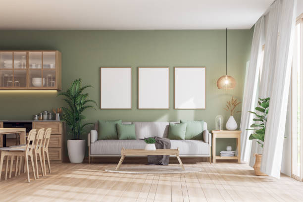 Modern contemporary cozy green wall living and dining room 3d render