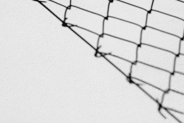 Wire fence shadow on a wall, black and white tones. Abstract background, copy space for text