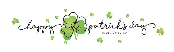 Vector illustration of Happy St Patrick's Day handwritten typography lettering line design clover green clovers isolated white background banner
