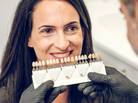 Male orthodontist choosing color of teeth from shade guide for female client while preparing for whitening procedure in dental clinic