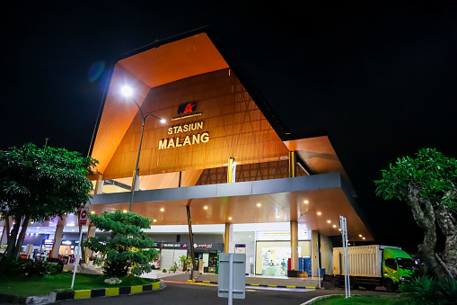The newest building of Malang Train Station in the night, no people. The largest train station in Malang, East Java, Indonesia. December 22, 2023