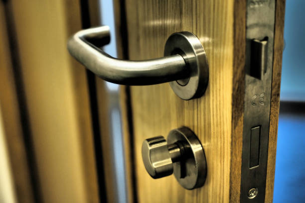 istock Office door with chrome handle with internal twist thumb lock 1963356843