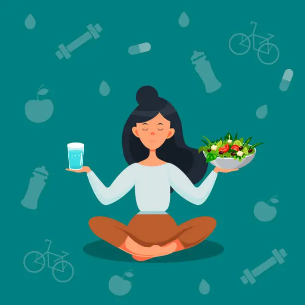 Vector illustration of A young woman meditates in the lotus position, holding a plate of healthy food in one hand and a glass of clean water in the other