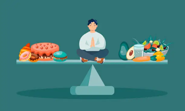 Vector illustration of A man balances on the scales between healthy and unhealthy food. The concept of a healthy lifestyle