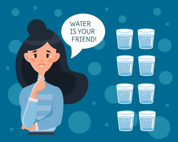 Vector illustration of The concept of water balance. A young girl and glasses of water