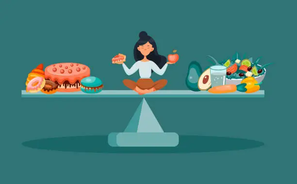 Vector illustration of The girl balances on the scales between healthy and junk food. Healthy lifestyle concept