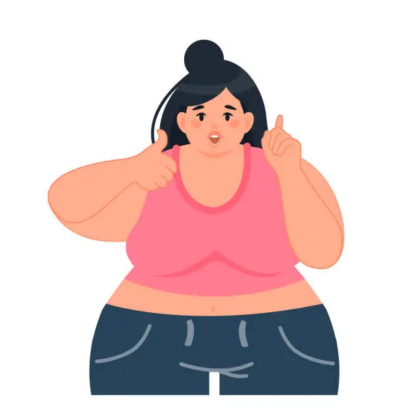 Vector illustration of Happy Obese woman. Fat girl giving a thumbs up. Self-love. Vector illustration in cartoon style