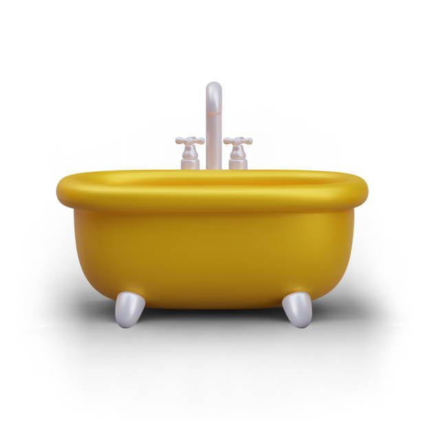 istock Front view of realistic bath in gold colors. Taking bath, cleaning and hygiene 1963388939