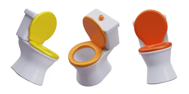 Vector illustration of Set of vector toilets in different colors and positions. 3D illustration of white ceramic bowls