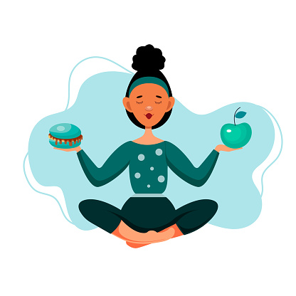 A young African-American woman chooses between healthy and unhealthy food. Balanced proper nutrition against fast food. Vector illustration in cartoon style. Healthy lifestyle. Fast food vs balanced menu