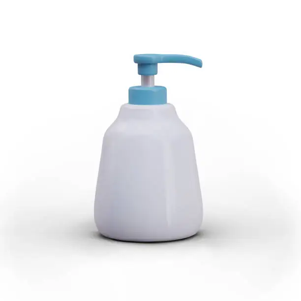 Vector illustration of White opaque bottle with blue dispenser. Vector mockup for advertising soap, gel, shampoo