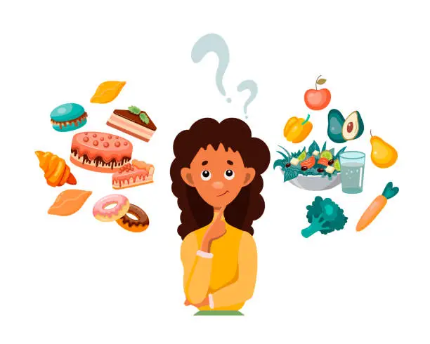 Vector illustration of African-American woman choosing between healthy and unhealthy food