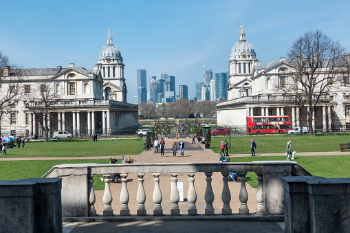 View of the Old Royal Naval College and Canary Wharf from The Queen's House, Old Royal Naval College, Greenwich, London