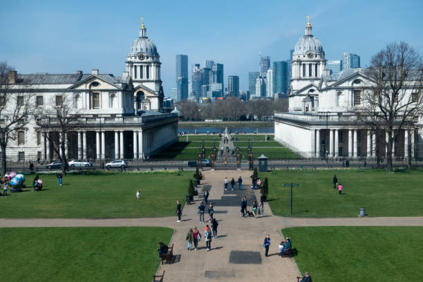 Old Royal Naval College and Canary Wharf, Greenwich, London View of the Old Royal Naval College and Canary Wharf from The Queen's House, Old Royal Naval College, Greenwich, London queen's house stock pictures, royalty-free photos & images