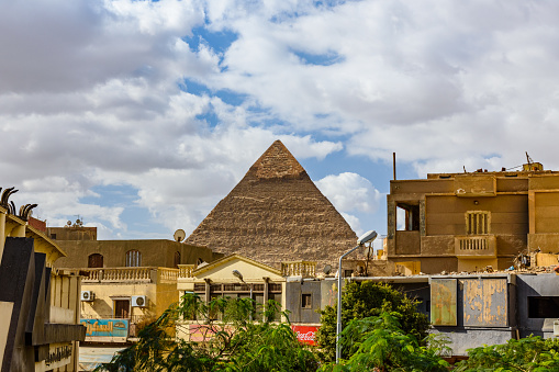 Cairo, Egypt - December 8, 2018: View on great pyramid of Khafre in Giza plateau from Cairo city