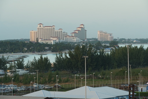 Nassau, Bahamas 12 03 2023: Impressive hotel building Grand Hyatt Baha Mar with luxurious suites and butler service situated in Caribbean island of Bahamas in city  and port Nassau.