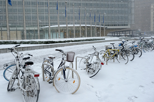Bicycles covered with snow after heavy snowfall hit Brussels in Belgium on January 17, 2024.