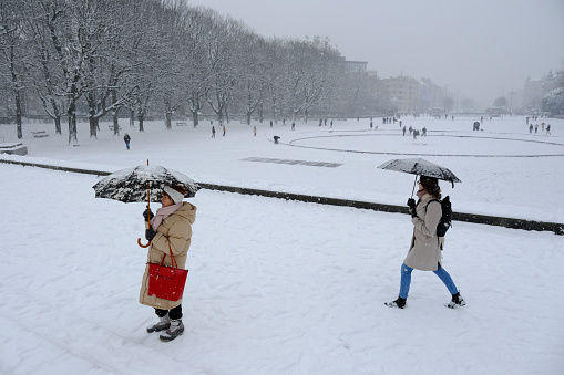 A woman holds an umbrella as she walk in central Brussels during a heavy snowfall in Belgium on January 17, 2024.