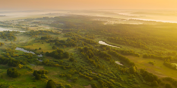 Morning landscape aerial view. Spring nature