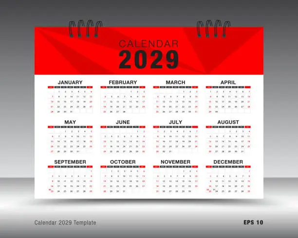 Vector illustration of Calendar 2029 template, 12 months yearly calendar set in 2029 year, Desk calendar 2029 design, wall calendar, brochure flyer, print media, advertisement, Simple design, planner, poster, vector