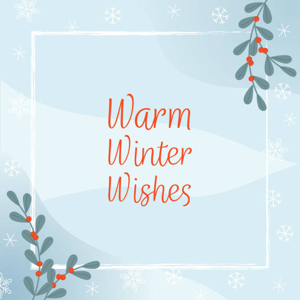 istock Warm Winter Wishes. Square greeting card with snow crystals and berry branches. 1963478488
