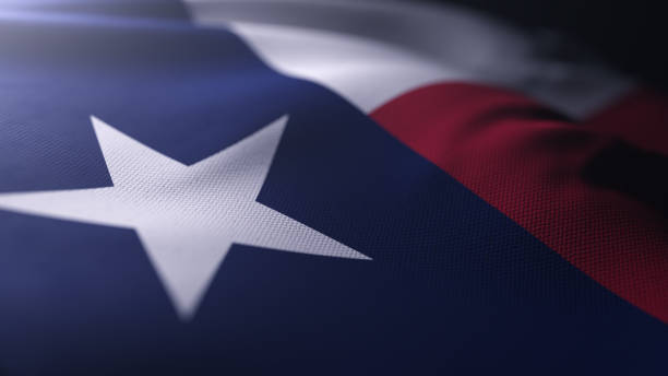 The Texas state flag fluttering in the wind, dramatic lighting