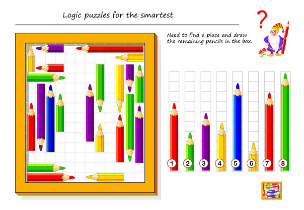 istock Logical puzzle game for smartest. Need to find a place and draw the remaining pencils in the box. Printable page for brain teaser book. Developing spatial thinking. IQ training test. Vector image. 1963490353