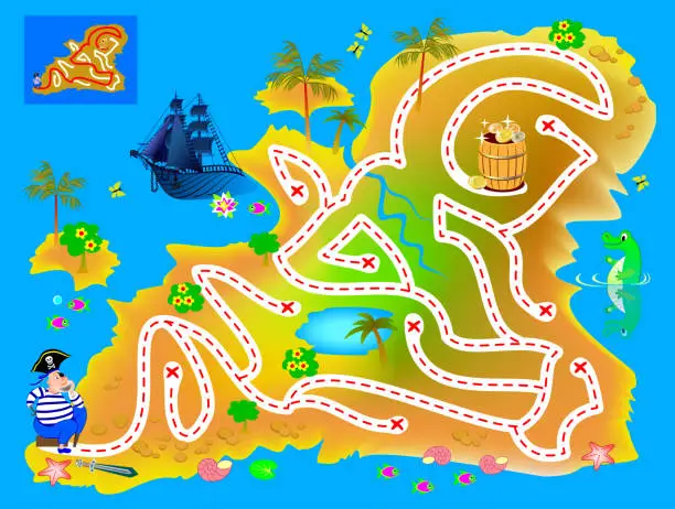 Vector illustration of Logical puzzle game with labyrinth for children and adults. Help pirate find way in treasure island till buried gold. Printable worksheet for kids brain teaser book. IQ test. Vector cartoon image.