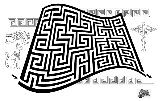 Logical puzzle game with labyrinth for children and adults. Find way from start to end. Printable worksheet for kids brain teaser book. Maze in Egyptian style. IQ test. Black and white vector image.