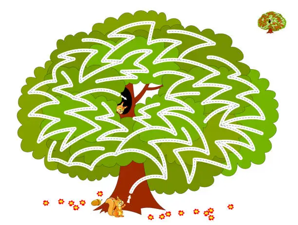 Vector illustration of Logical puzzle game with labyrinth for children and adults. Help the squirrel find way in the tree till his friend. Printable worksheet for kids brain teaser book. IQ test. Vector cartoon image.