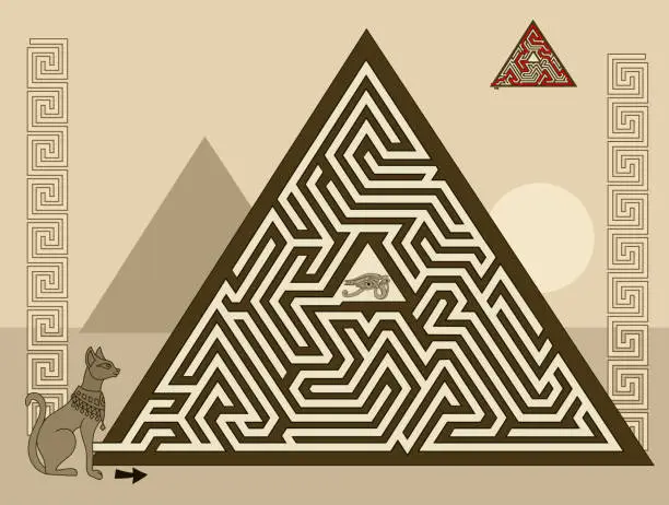 Vector illustration of Logical puzzle game with labyrinth for children and adults. Find the way in pyramid to ancient Egyptian treasure. Printable worksheet for kids brain teaser book. IQ test. Vector image.