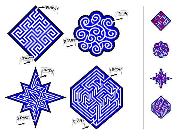 Vector illustration of Logical puzzle game with labyrinth for children and adults. Set of little mazes. Find the way from start till finish. Printable worksheet for kids brain teaser book. IQ test. Vector cartoon image.