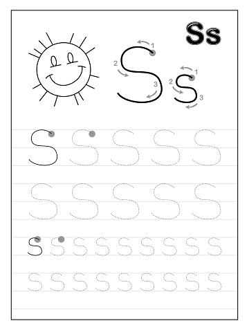 Tracing alphabet letter S. Black and white educational pages on line for kids. Printable worksheet for children textbook. Developing skills of writing. Vector for baby book. Back to school.