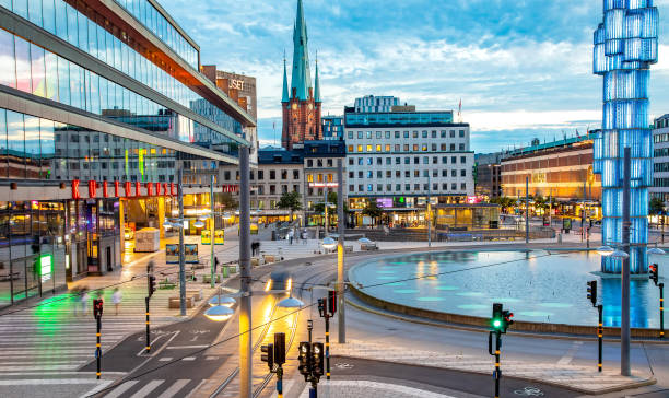Early morning twilight sky Sergel Fountain famous place in Stockholm capital of Sweden Scandinavian modern architecture Northern Europe