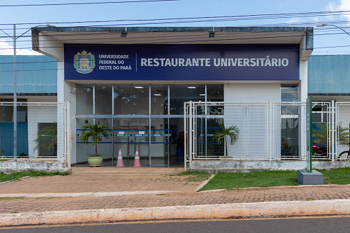 Santarem, Para, Brazil - Jan 18, 2024: Entrance facade of the university restaurant at the UFOPA, a hub of student life at the Federal University of Western Para, where students gather for meals.
