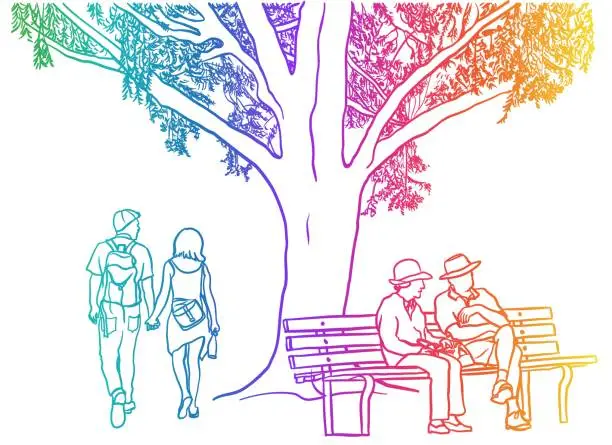 Vector illustration of Summer Tree And Couples Rainbow