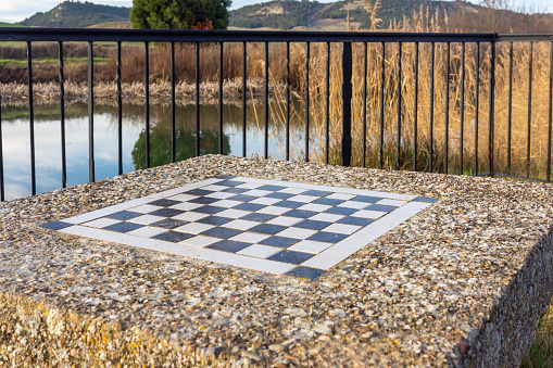 Strategy by the Water: Chess Board on a Stone Table.