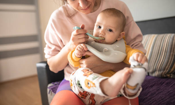 Tasty moments in mom's lap. stock photo