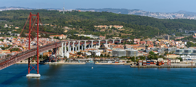 April 25th bridge crossing Tagus river in Lisbon, Portugal.