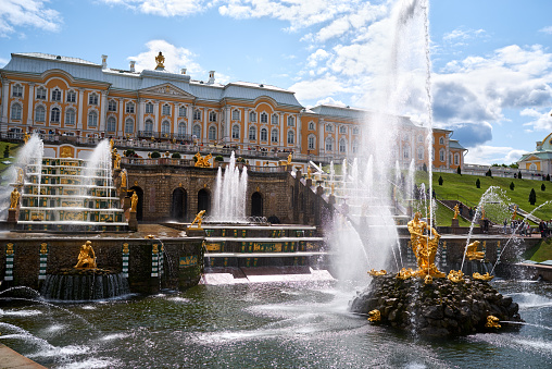 Peterhof, Russia - August 28, 2016: Scenic view of the Grand Cascade,  Peterhof Palace, Russia, on August 28, 2016. The Peterhof Palace and Gardens complex is recognized as a UNESCO World Heritage Site