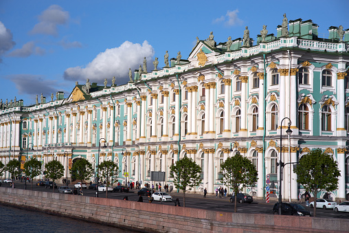 Sankt-Petersburg, Russia - June 02, 2023: Winter Palace in past, Hermitage Museum now in St. Petersburg, Russia. Neva river embankment. The Winter Palace was the official home of Russian monarchs until 1917. It now houses the Hermitage Museum and contains one of the world's greatest art collections.