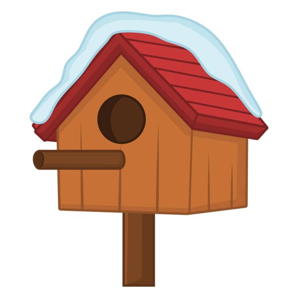 ilustraciones, imágenes clip art, dibujos animados e iconos de stock de casa del pájaro cubierta con vector de nieve - birdhouse wood isolated white background